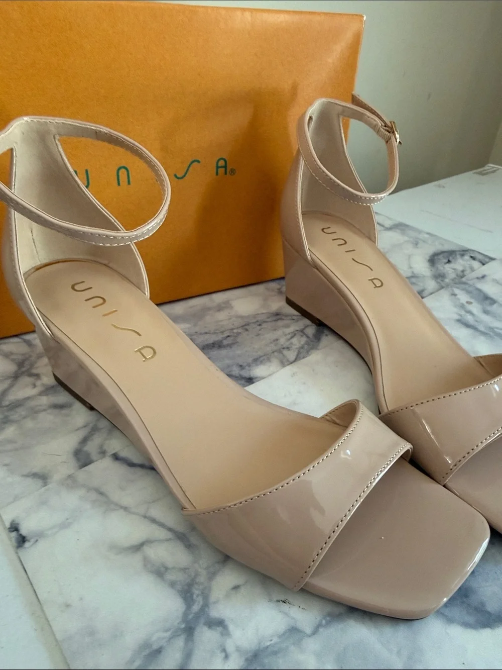 Unisa Nude Patent Ankle-Strap Block Heels